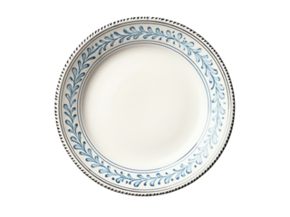 Isolated white plate with blue floral border and decorative edge on black background, Isolated On Transparent Background