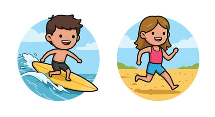 Two happy children enjoying summer activities surfing and running on the beach.