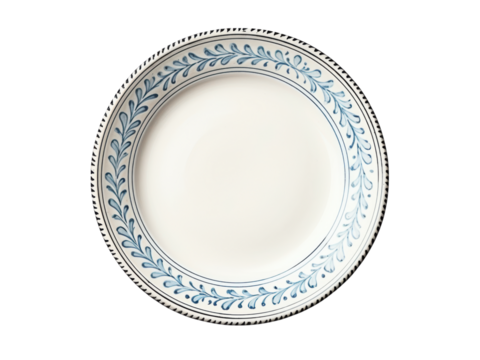 Isolated white plate with blue floral border and decorative edge on black background, Isolated On Transparent Background