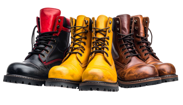 Four pairs of rugged, leather work boots in various colors, close up