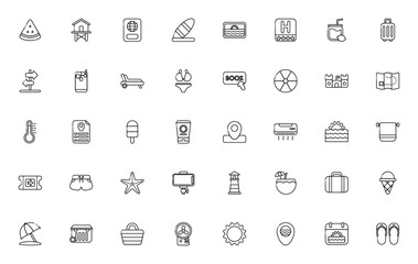 Summer Holiday icon set. Vector illustration. Includs symbols for beach, trave, vacation, suitcase, passort, surfing, sunscreen, cconut drink and more.
