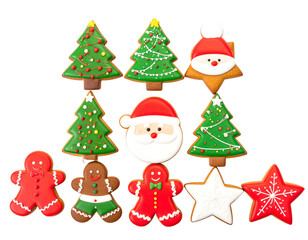 Fototapeta premium Festive frosted cookies in various Christmas shapes, arranged on a black background