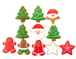 Festive frosted cookies in various Christmas shapes, arranged on a black background