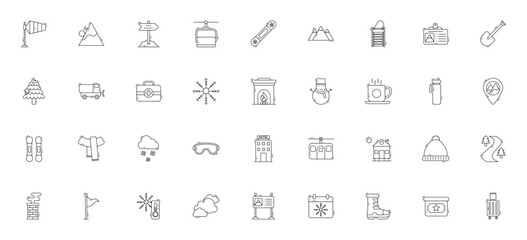 Ski resort icon set. Vector illustration. Includes smbols for ski lift, snowbord, mountain, avalanche, gggles, beanie, hotel, cabl car and more. Editable stoke.