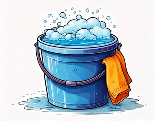 A blue bucket overflowing with soapy water and bubbles, with an orange towel draped over its side.