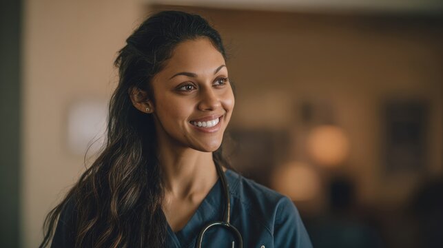 A friendly healthcare worker with long hair and a stethoscope smiles while interacting with peers in a busy hospital environment during the day. - Powered by Adobe