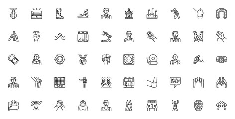 Wrestling icon set. Vector combat sports collection.Includes symbols for ring,trophy, referee, medal, boer, sumo, gloves, injury, odium, belt and more.
