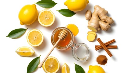Lemon, Ginger, Honey, and Cinnamon Natural Remedy Ingredients