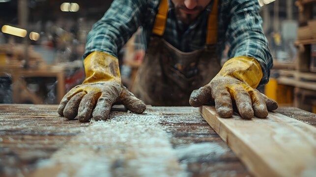 A carpenter wearing work gloves hands on a sawdust covered wooden workbench engaged in a woodworking project
