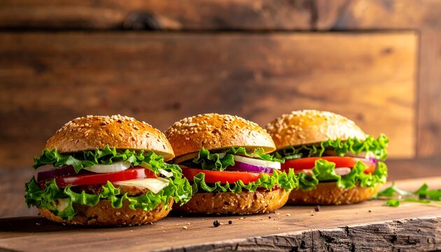 Three delicious, fresh burgers with vibrant toppings sit on a wooden board