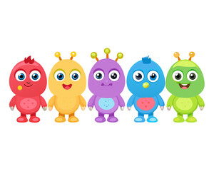 Collection of adorable wired happy colorful 2d monster babies stand in a row isolated on white background, for children's illustration, book, fairy tale, sci-fi, ... See More