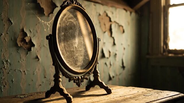 Dusty Oval Mirror with Golden Frame on a Wooden Table with Flaking Paint and Sunlit Window in an Abandoned Room Full of Grunge and Texture Evokes Decay and Reflection