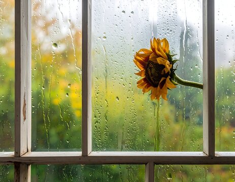 Sunflower head leaning against a rainy window with blurry outside view