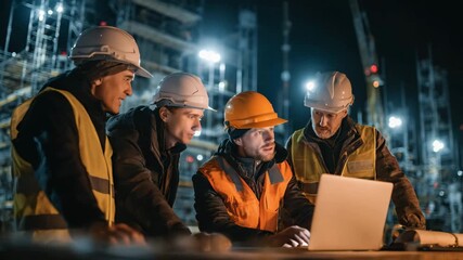 Group of engineers discussing blueprint in modern construction site wearing safety helmets teamwork and collaboration concept - Powered by Adobe