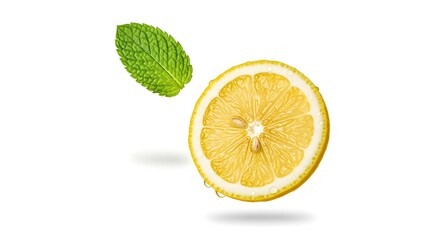 Refreshing Lemon Slice with Mint Leaf on White Background - Zesty Citrus