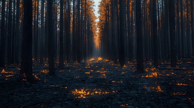 A dark forest path illuminated by glowing embers and fire on the ground after a devastating blaze