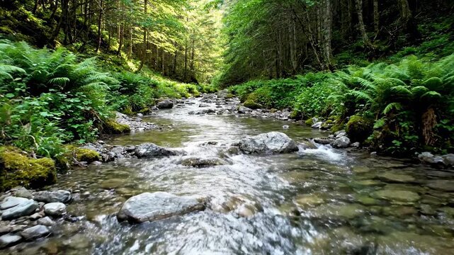 Smooth tracking shot along a pristine mountain river ecosystem, showcasing crystal-clear water flowing over rocks amidst lush, green foliage in soft daylight alpine, wilderness, outdoor