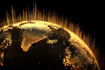 Glowing golden globe with data visualization lines represents global economy dynamics