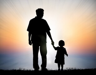 Silhouette of a father holding his child's hand at sunset.