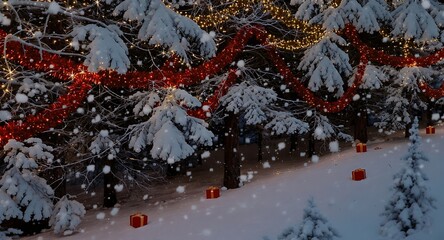 Festive christmas snow scene with gift boxes, red ribbons, and twinkling lights in a forest setting