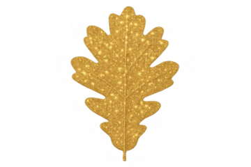 Glittering gold oak leaf on a transparent background, offering a sparkling effect for autumn, fall, and holiday season designs