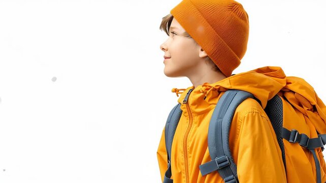 Boy wearing orange jacket and beanie with backpack looking up thoughtfully on white background expressing curiosity and adventure showing hope in bright setting for child exploration