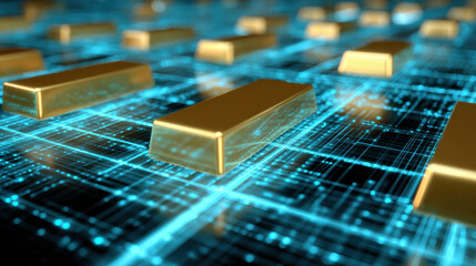 Gold bars floating on cybernetic blue light grid create futuristic and digital atmosphere