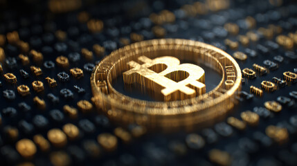 Golden bitcoin hologram surrounded by binary code, symbolizing digital currency and blockchain technology