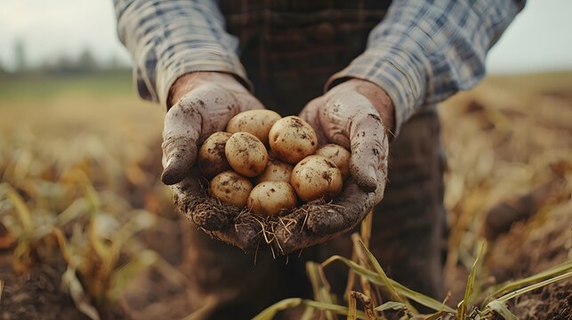 A farmer s dirty hands cradle a handful of freshly harvested potatoes symbolizing a bountiful yield from the agricultural field