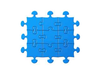 Nine blue puzzle pieces assembled on a black background representing teamwork and problem solving, Isolated On Transparent Background