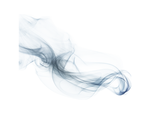 Abstract smoke graphic in white and blue hues against a black background with swirling wisps, Isolated On Transparent Background
