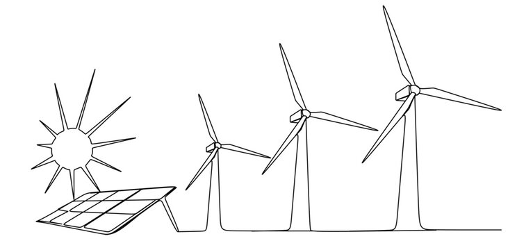 Continuous one line wind farm turbines vector illustration, Continuous one line drawing of wind turbine power , sustainable energy. Wind turbines power outline vector illustration.