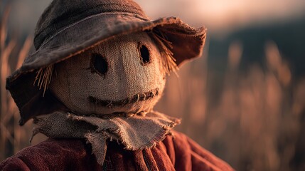 Close up of a scarecrow with a hat and stitched smile in a field at sunset or sunrise