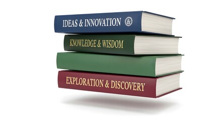 Stack of Books with Inspiration Themes Ideas, Knowledge, and Discovery