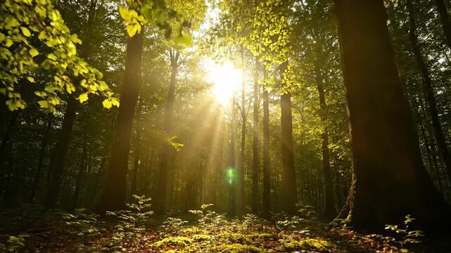 Sun rays piercing through a dense forest canopy creating ethereal light shafts in the early morning tranquil, light, natural light