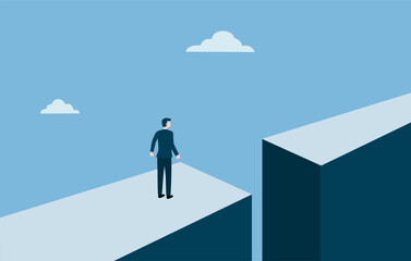 Take risk for opportunity to success, risky decision, determination or courage to overcome challenge concept, brave businessman winner jump over the cliff gap to reach success flag on other side.