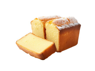 Sliced pound cake with powdered sugar on black background studio shot food photography dessert, Isolated On Transparent Background