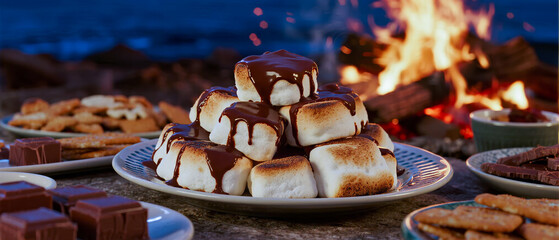 Toasted marshmallows drizzled with chocolate served on a plate near a campfire with assorted snacks around