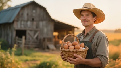 Fototapeta premium Farmer holding basket of fresh eggs in front of barn at sunset