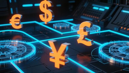 Digital currency symbols floating over a futuristic network interface with glowing blue circuits and data nodes.