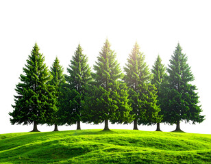 Lush green trees stand on a grassy knoll against a black, transparent background