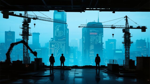 Silhouettes of workers on a construction site overlooking a futuristic cityscape with digital overlays and cranes.
