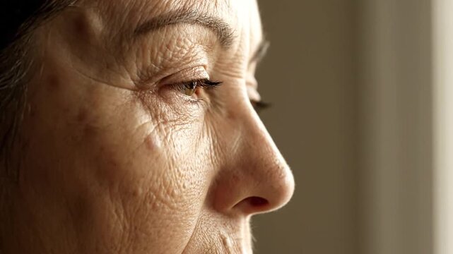 Close Up of Mature Woman's Face with Wrinkles and Hyperpigmentation with Light Skin Tones in Front of Window with Natural Lighting For Medical Education and Skincare Promotion Use