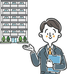 マンションの紹介をする不動産会社員のイラスト素材
