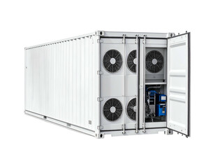 White shipping container with open doors revealing cooling equipment, fans, and machinery