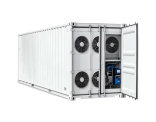 White shipping container with open doors revealing cooling equipment, fans, and machinery