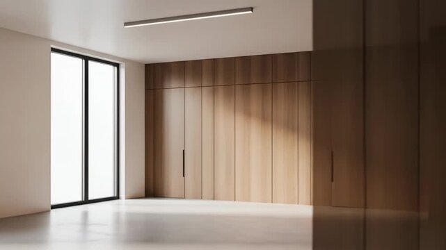 Minimalist interior featuring a wall of wooden panels and light from a window
