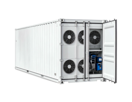 White shipping container with open doors revealing cooling equipment, fans, and machinery