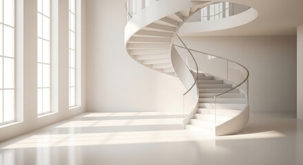 Modern white spiral staircase with glass railing bathed in bright