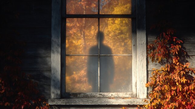 Silhouette figure in window with autumn leaves and weathered wooden wall in soft lighting